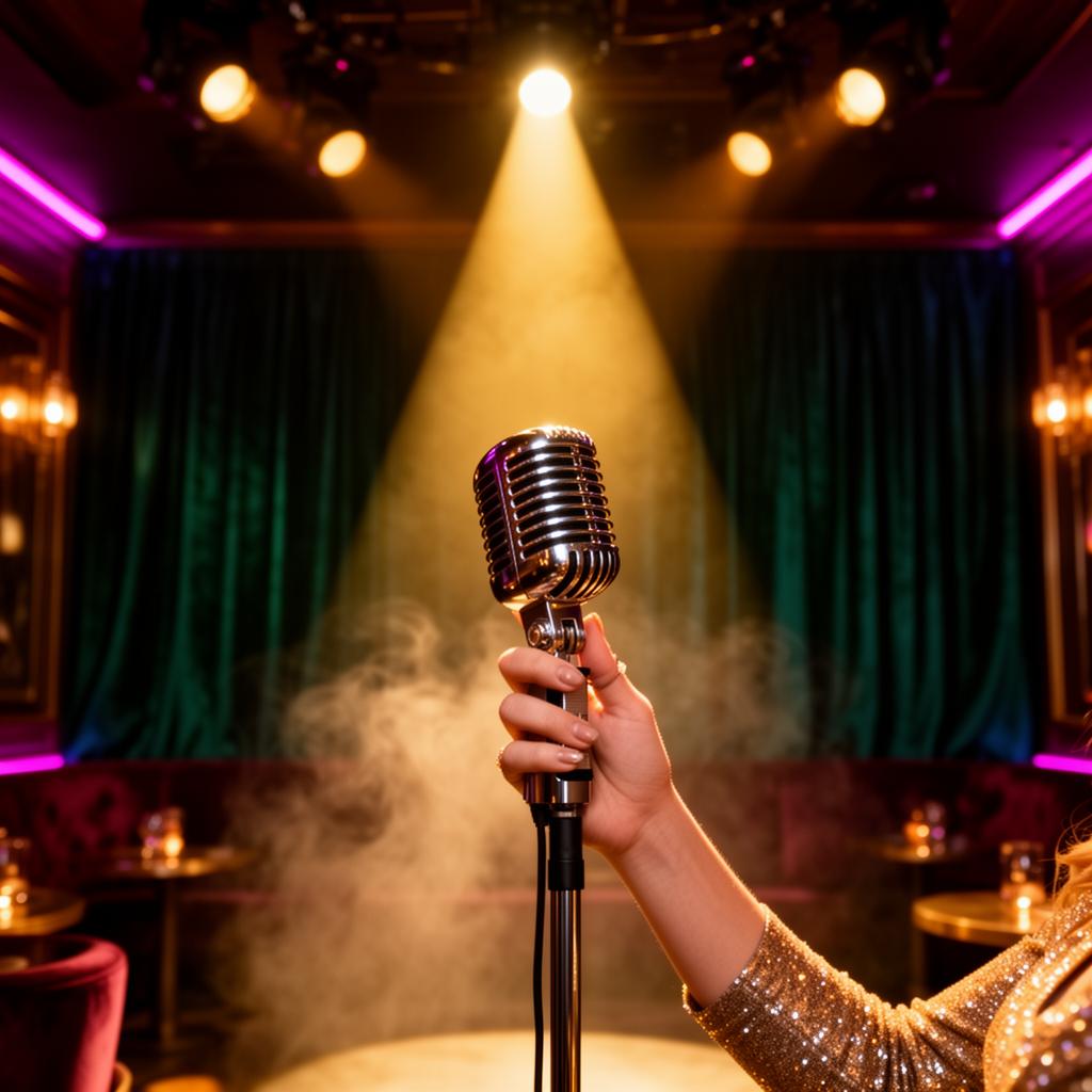 Guest singing karaoke under luxury floral lighting
